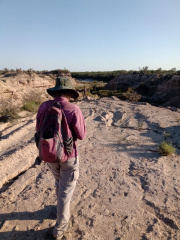 Caminando en busca de una cámara trampa colocada al pie del barranco del rio Desaguadero